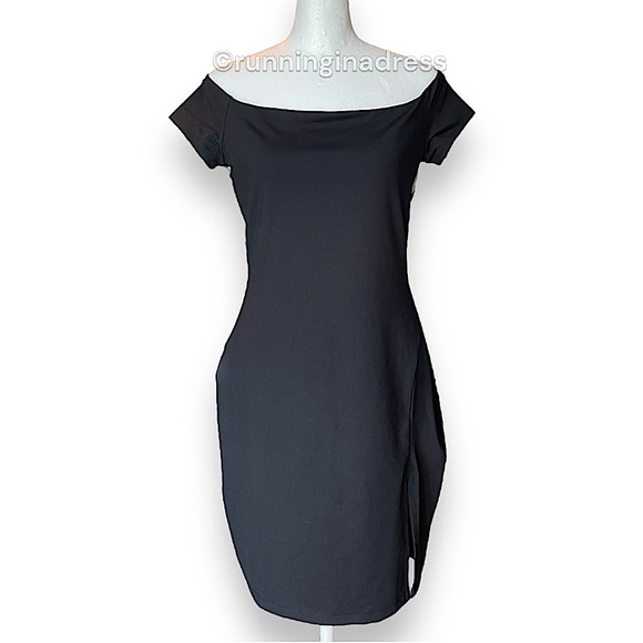 NWT Susana Monaco Off-the-Shoulder Side Slit Dress In Color Black Size Large - Picture 2 of 14